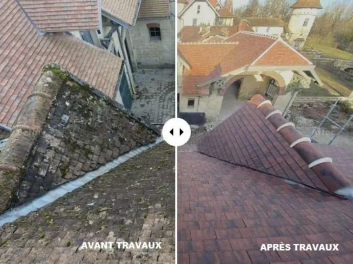 Bâtisse ancienne en tuile plate : Avant et après la réfection de la couverture.