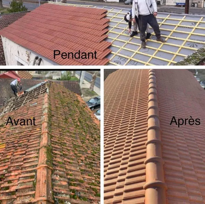 Réfection de toiture en tuile : Avant, pendant et après : la vieille couverture remplacée par des tuiles neuves.