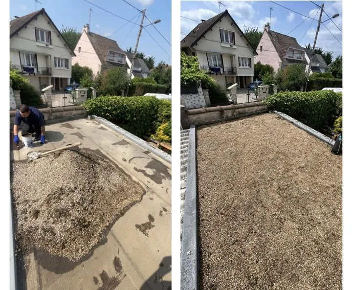 Toit-terrasse : Étanchéité refaite et gravillons remis en place.